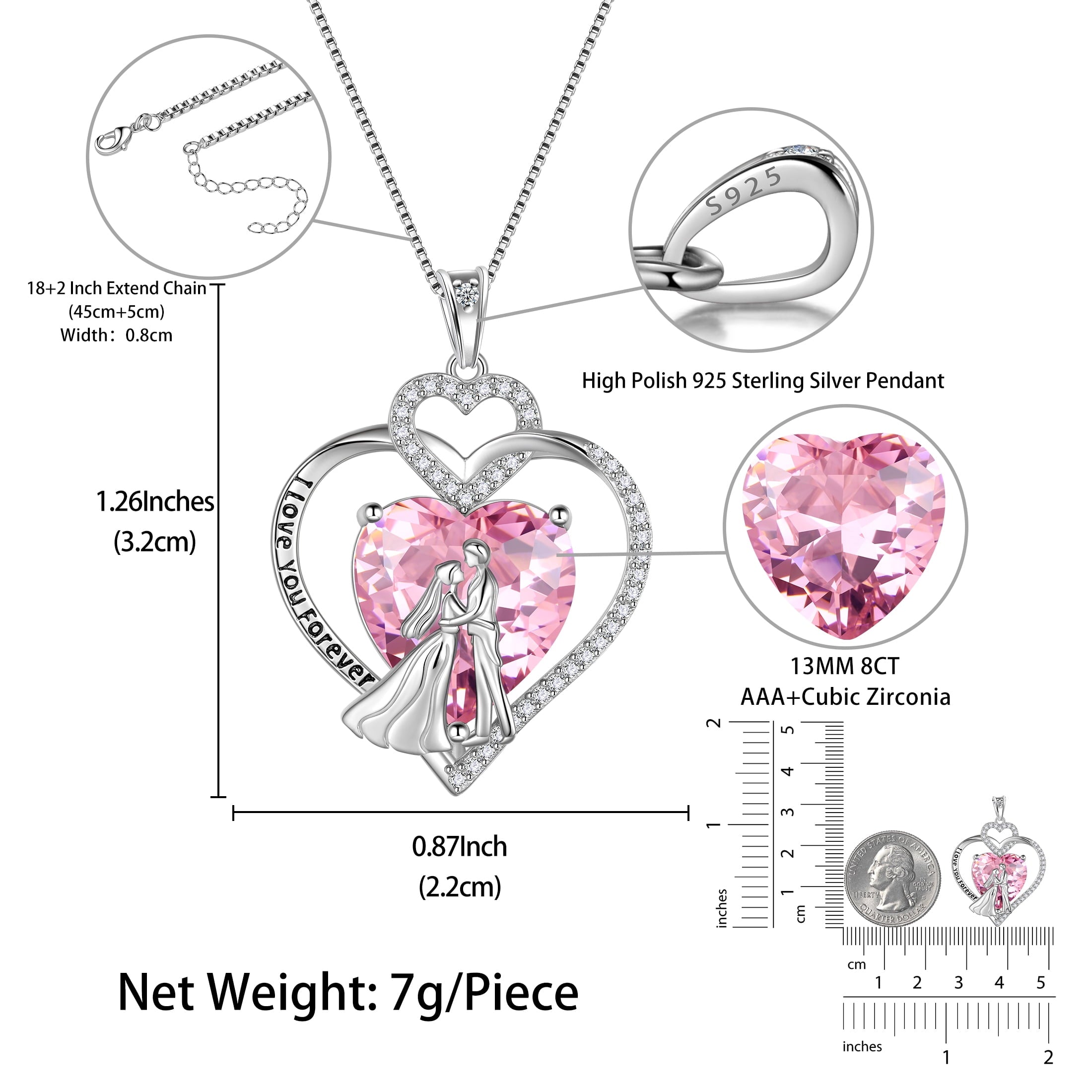 Couple Necklace for Women 925 Sterling Silver Heart October Birthstone Pendant Love Wedding Engagement Jewelry Valentine's Day Gift for Her Wife Bride Girlfriend - Aurora Tears