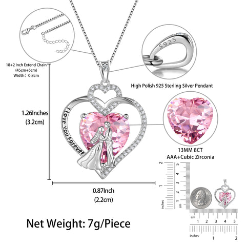 Couple Necklace for Women 925 Sterling Silver Heart October Birthstone Pendant Love Wedding Engagement Jewelry Valentine's Day Gift for Her Wife Bride Girlfriend - Aurora Tears
