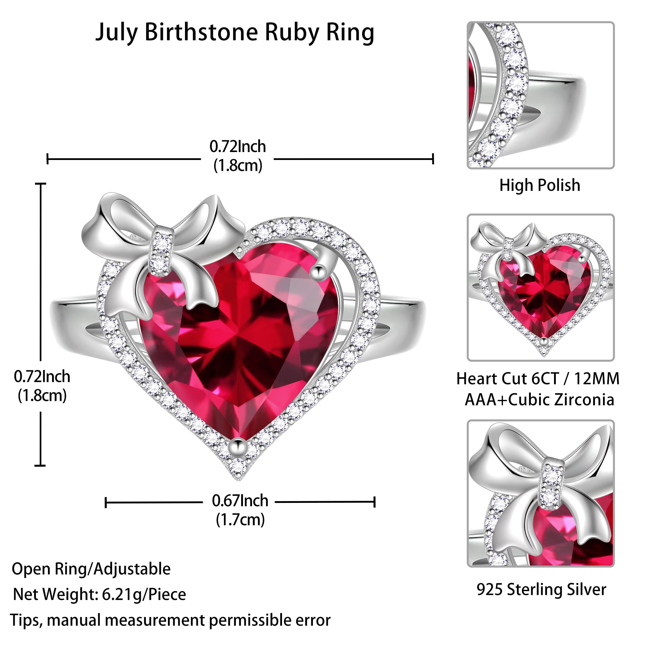 6Ct Heart Women Ring Bow Kont Ribbon 925 Sterling Silver July Birthstone Ruby Open Ring Jewelry Valentine's Day Gift for Wife Girlfriend Lover Mother - Aurora Tears