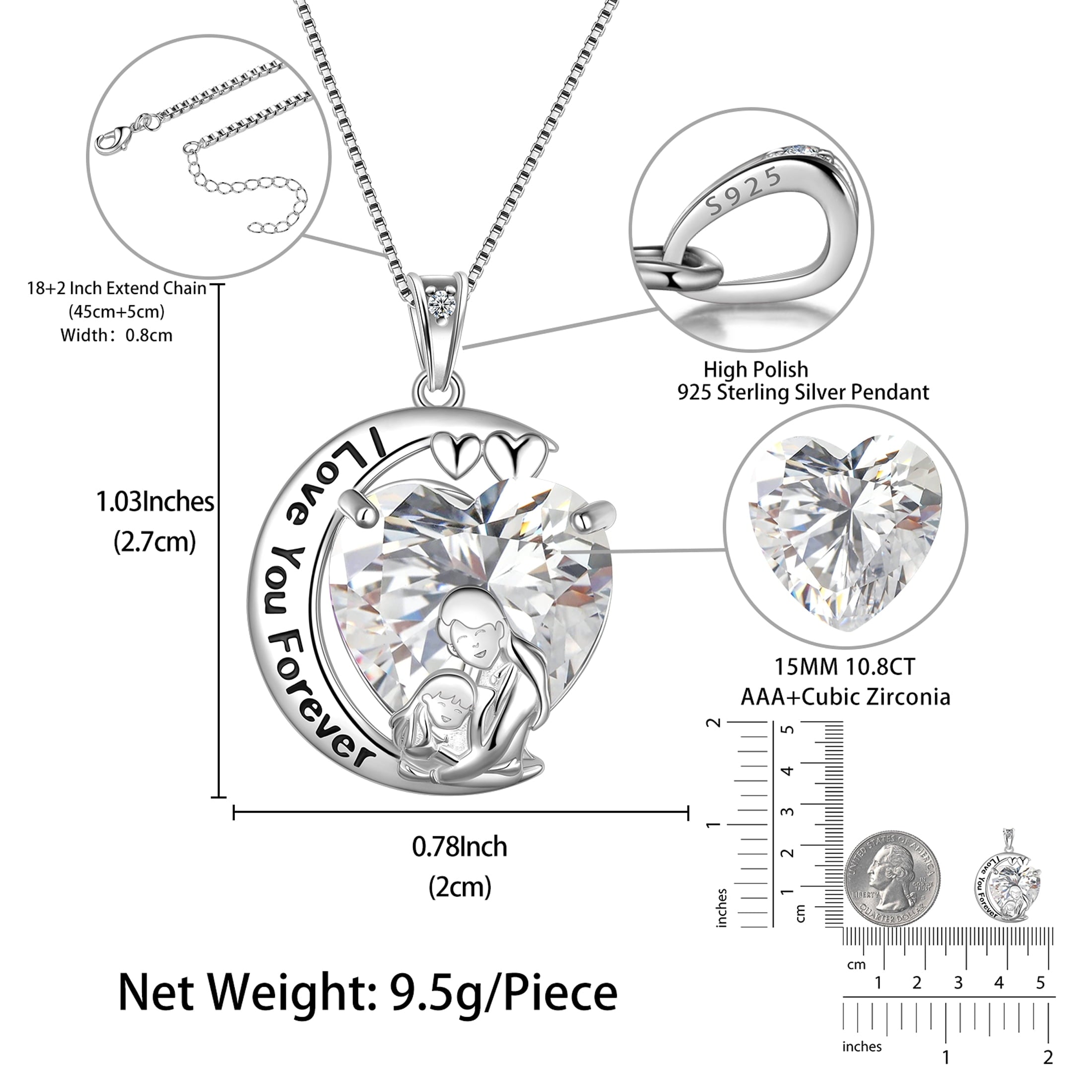 Moon Love Heart Mother Daughter Necklace 925 Sterling Silver Diamond April Birthstone Pendant Jewelry Women Christmas Birthday Mother's Day Gift - Aurora Tears