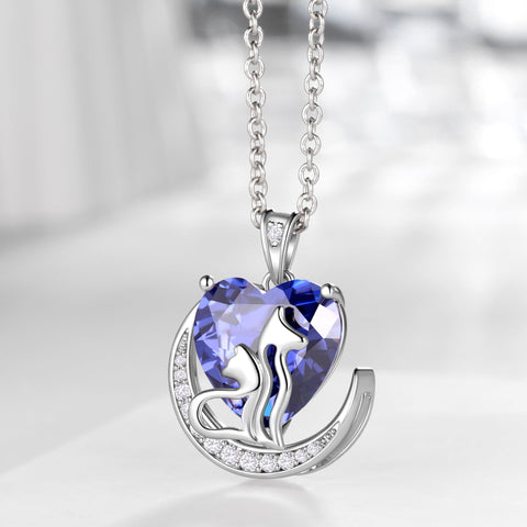 Women Animal Cat and Dog Necklace Blue Heart December Birthstone Charm Tanzanite Pendant Jewelry Christmas Birthday Gift for Mother Daughter Pet Lovers - Aurora Tears