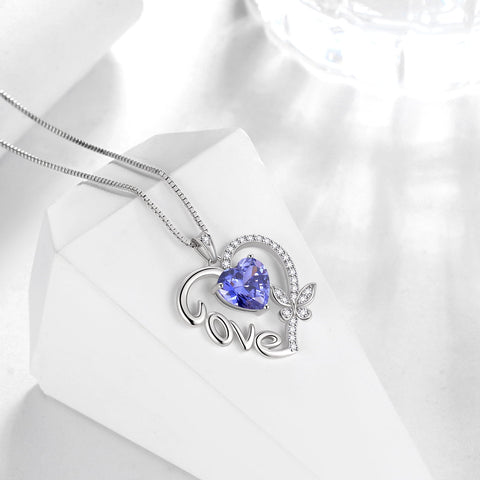 Women Blue Love Heart Necklace Butterfly December Birthstone Necklace Tanzanite 925 Sterling Silver Pendant Jewelry Mother Wife Christmas Birthday Gift - Aurora Tears