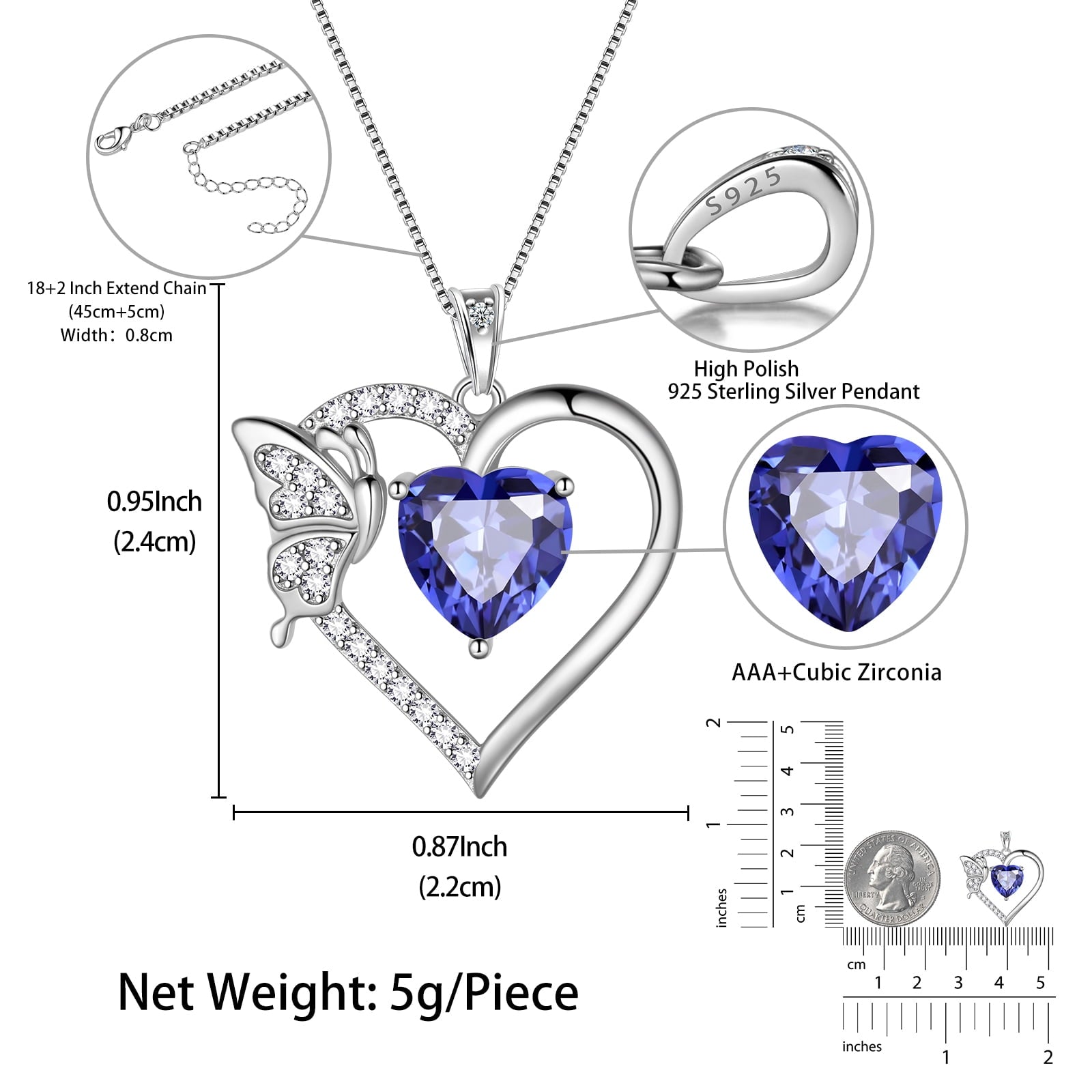 Women Blue Heart Necklace Butterfly December Birthstone Necklace Tanzanite CZ 925 Sterling Silver Pendant Jewelry Mother Wife Christmas Birthday Gift - Aurora Tears