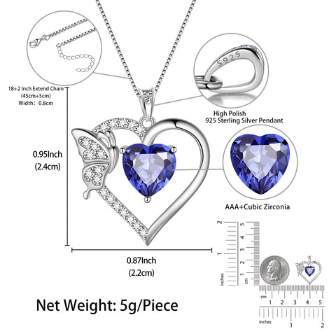 Women Blue Heart Necklace Butterfly December Birthstone Necklace Tanzanite CZ 925 Sterling Silver Pendant Jewelry Mother Wife Christmas Birthday Gift - Aurora Tears