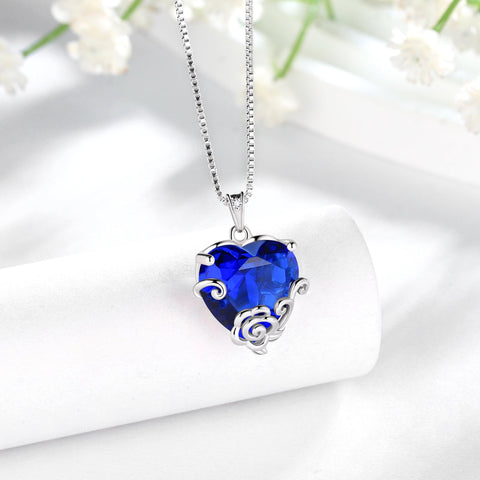 Women Heart Necklace September Birthstone Sapphire Jewelry 925 Sterling Silver Blue Flower Pendant Christmas Birthday Mother's Day Gift - Aurora Tears