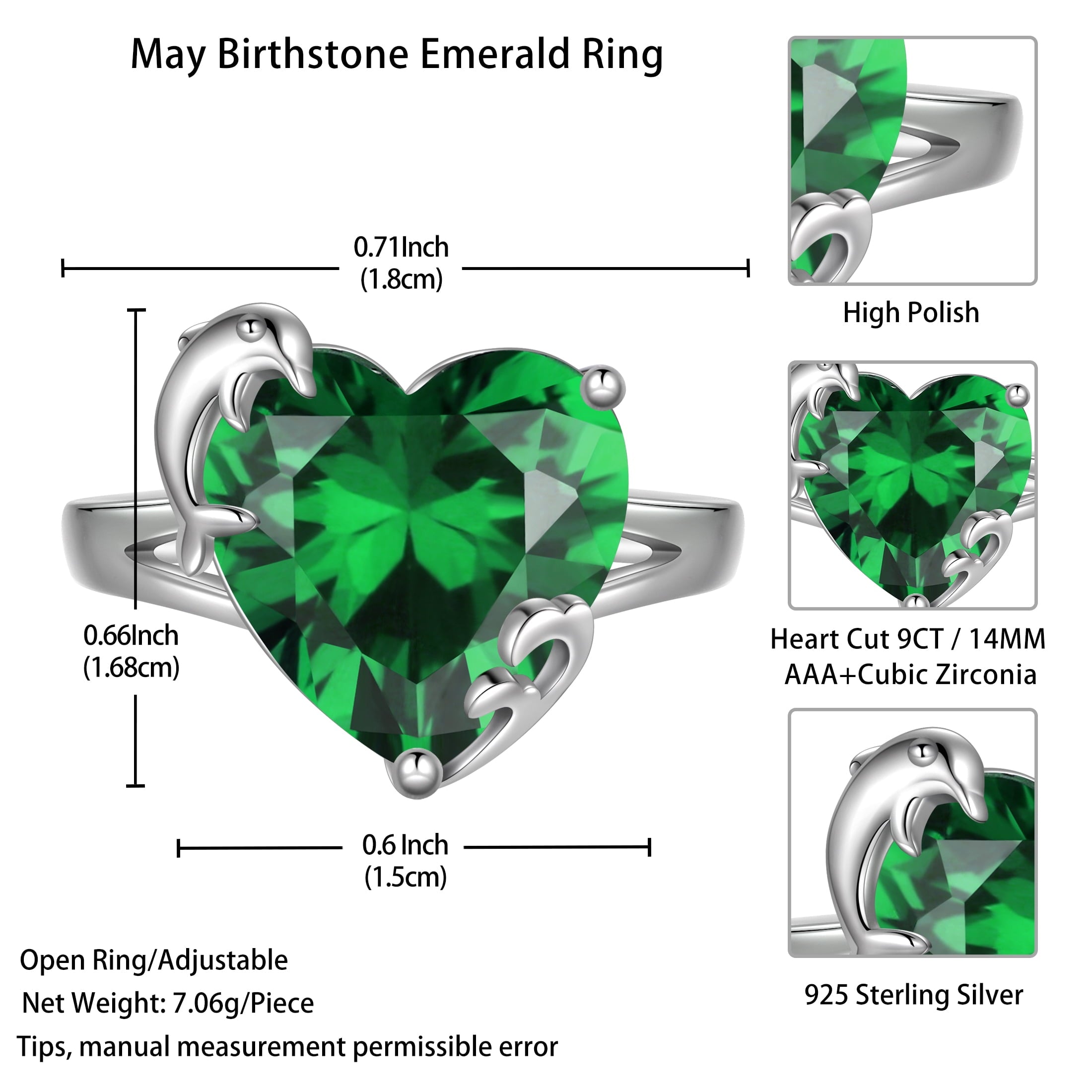 9Ct Women Heart Ring 925 Sterling Silver Dolphin May Birthstone Emerald Green Solitaire Ring Jewelry Birthday Mother's Day Gift - Aurora Tears
