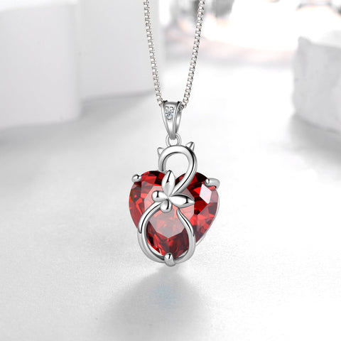 15MM Women Cat Necklace Heart January Birthstone 925 Sterling Silver Pendant Red Garnet Butterfly Jewelry Birthday Valentine's Day Gift - Aurora Tears