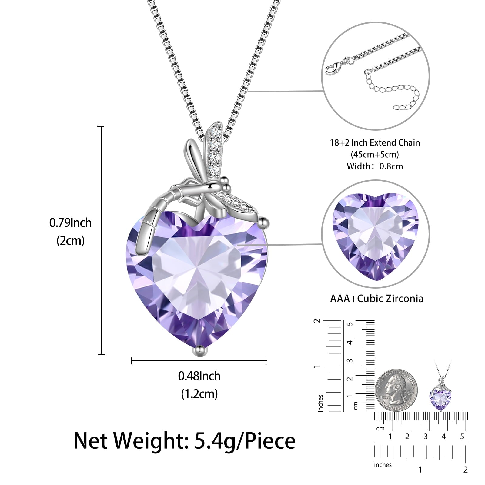 Dragonfly Necklace Heart June Birthstone Necklace Alexandrite Purple 925 Sterling Silver Pendant Jewelry Women Birthday Christmas Mother's Day Gift - Aurora Tears