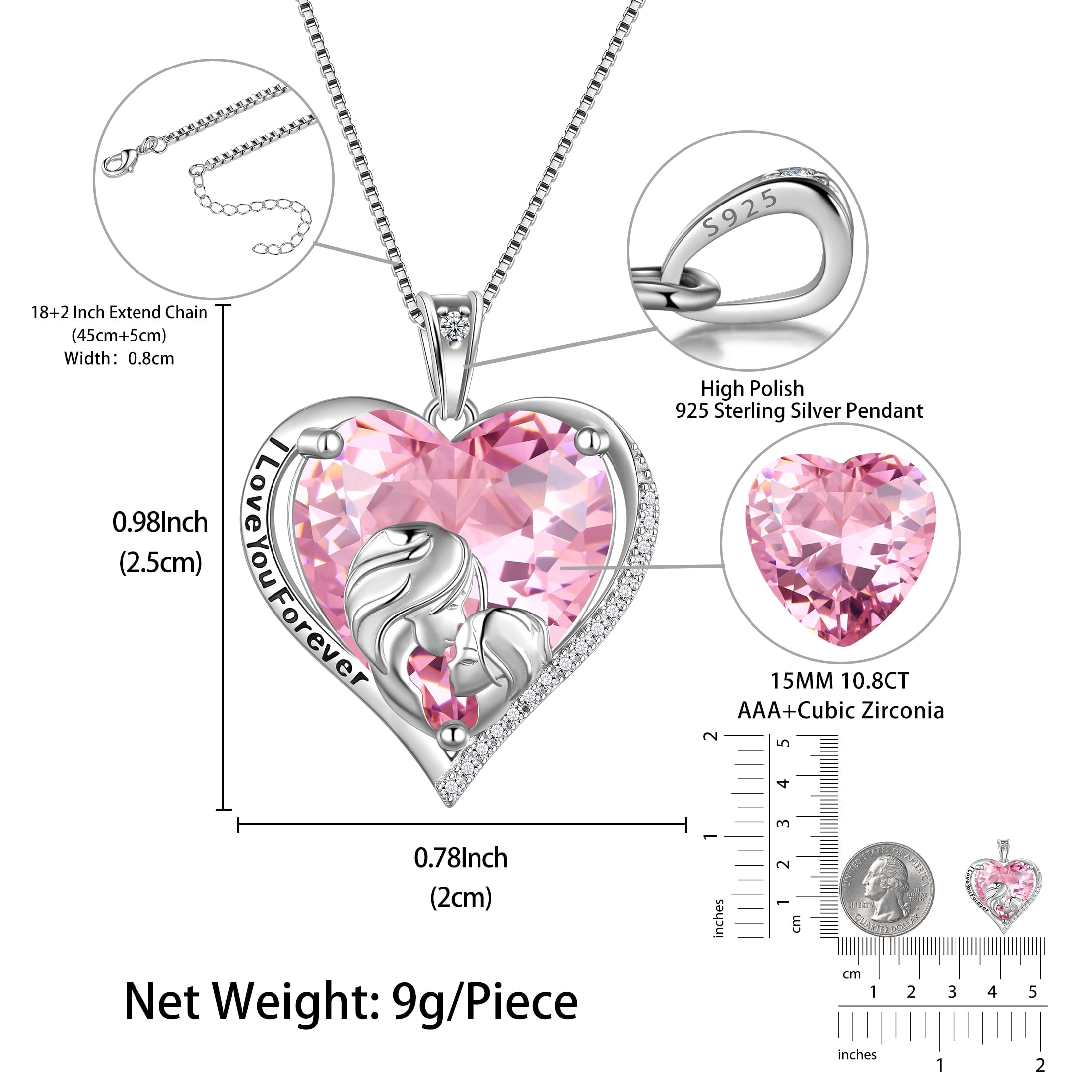 Women Heart Necklace for Mom Daughter 925 Sterling Silver Pink Tourmaline Birthstone Pendant Jewelry October Birthday Christmas Mothers Day Gift for Her - Aurora Tears