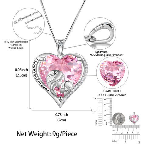 Women Heart Necklace for Mom Daughter 925 Sterling Silver Pink Tourmaline Birthstone Pendant Jewelry October Birthday Christmas Mothers Day Gift for Her - Aurora Tears