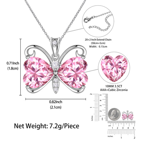 Women Pink Butterfly Necklace Heart October Birthstone Necklace Tourmaline Pendant Jewelry Daughter Wife Birthday Valentine's Day Gift Idea - Aurora Tears