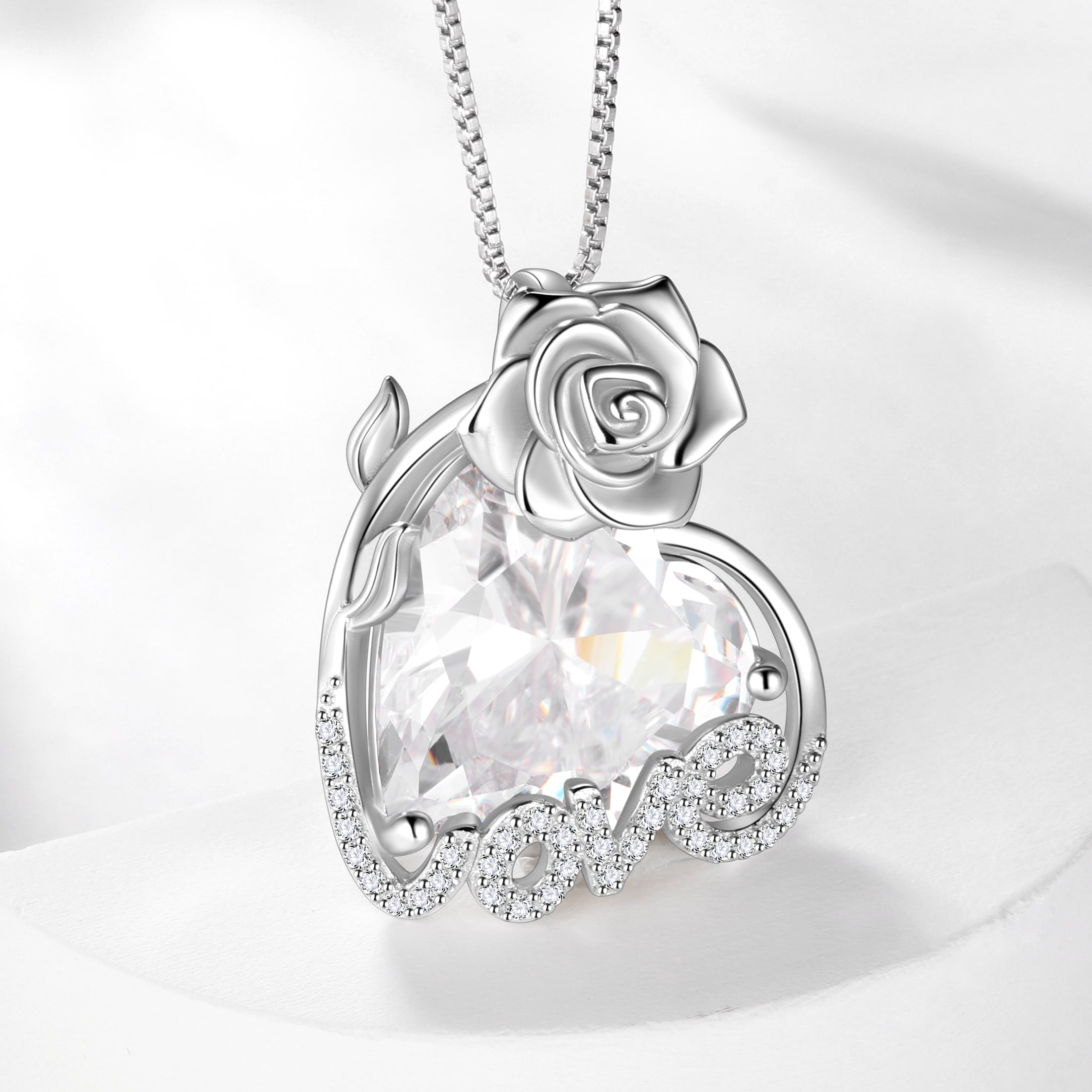 15MM Rose Heart Women Necklace April Birthstone 925 Sterling Silver Flower Love Pendant Diamond CZ Bridal Jewelry Mother Valentine's Day Gift for Wife - Aurora Tears