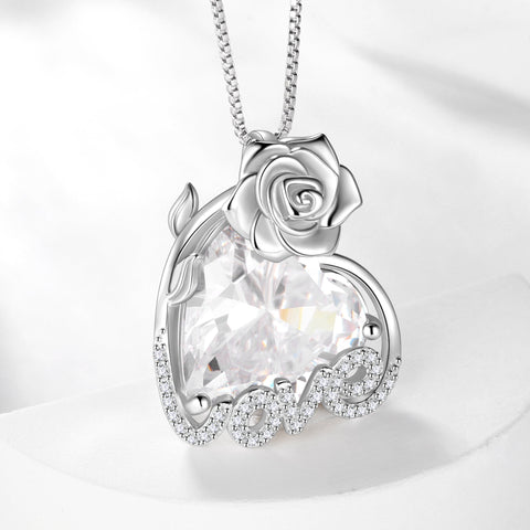 15MM Rose Heart Women Necklace April Birthstone 925 Sterling Silver Flower Love Pendant Diamond CZ Bridal Jewelry Mother Valentine's Day Gift for Wife - Aurora Tears