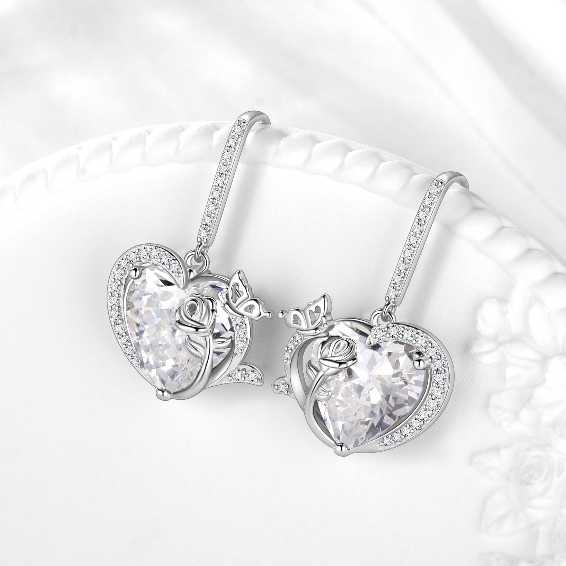 Women April Birthstone Drop Earrings Heart Diamond CZ Wedding Bridal Jewelry Butterfly Rose Flower 925 Sterling Silver Hook Mother Birthday Gift - Aurora Tears