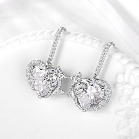 Women April Birthstone Drop Earrings Heart Diamond CZ Wedding Bridal Jewelry Butterfly Rose Flower 925 Sterling Silver Hook Mother Birthday Gift - Aurora Tears