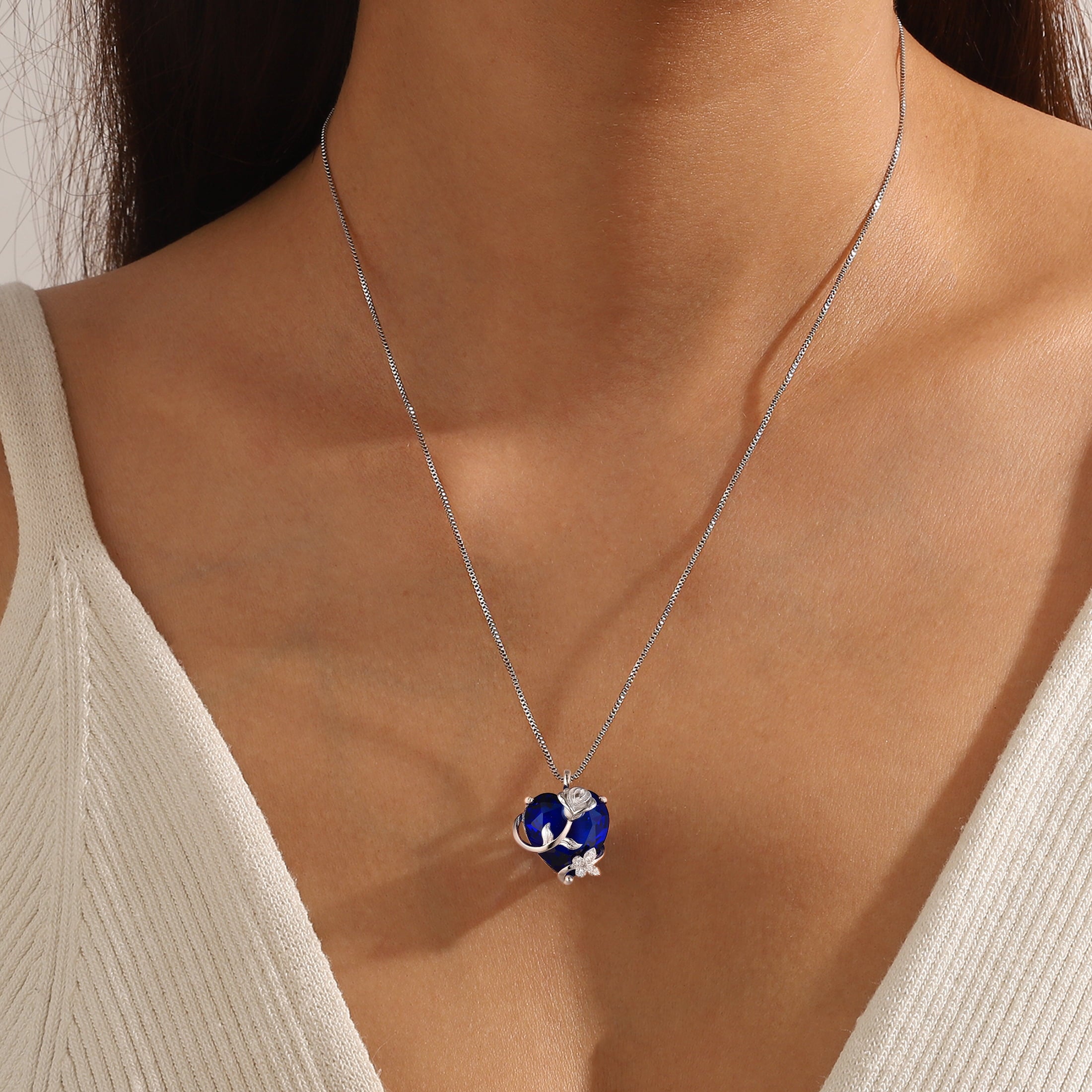 15MM Women Rose Heart Necklace September Birthstone 925 Sterling Silver Flower Butterfly Pendant Blue Sapphire Jewelry Birthday Mother's Day Gift - Aurora Tears
