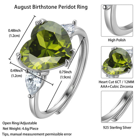 6Ct Women Heart Ring 925 Sterling Silver August Birthstone Peridot Ring Band Jewelry Mother Xmas Birthday Valentine's Day Gift - Aurora Tears