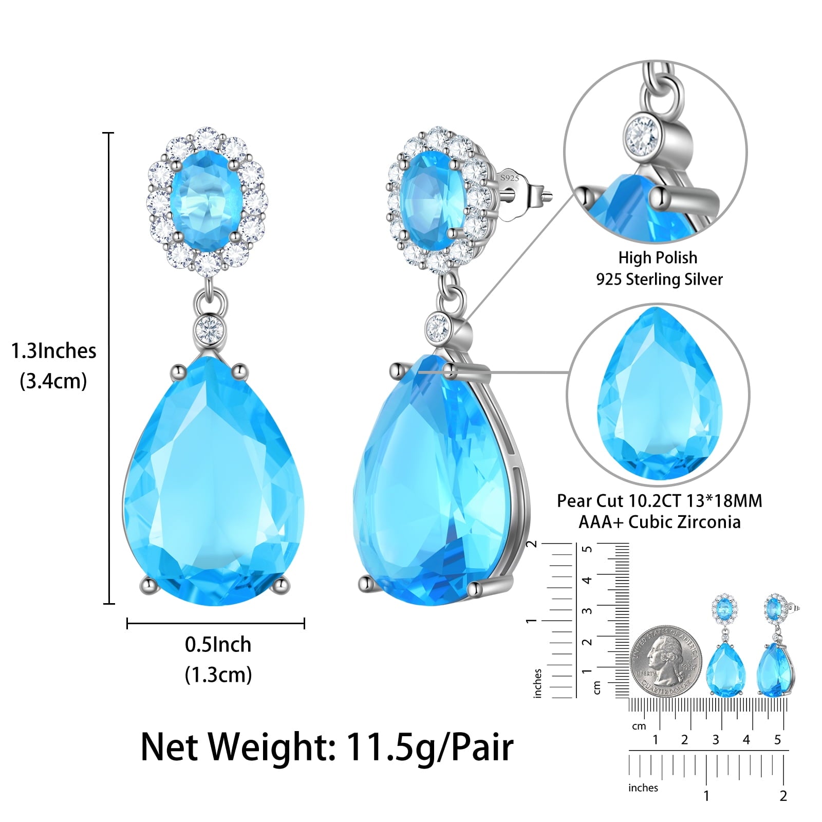 10Ct Teardrop Dangle Earrings Women Blue Topaz March Birthstone Aquamarine Jewelry 925 Sterling Silver Birthday Mother's Day Gifts - Aurora Tears