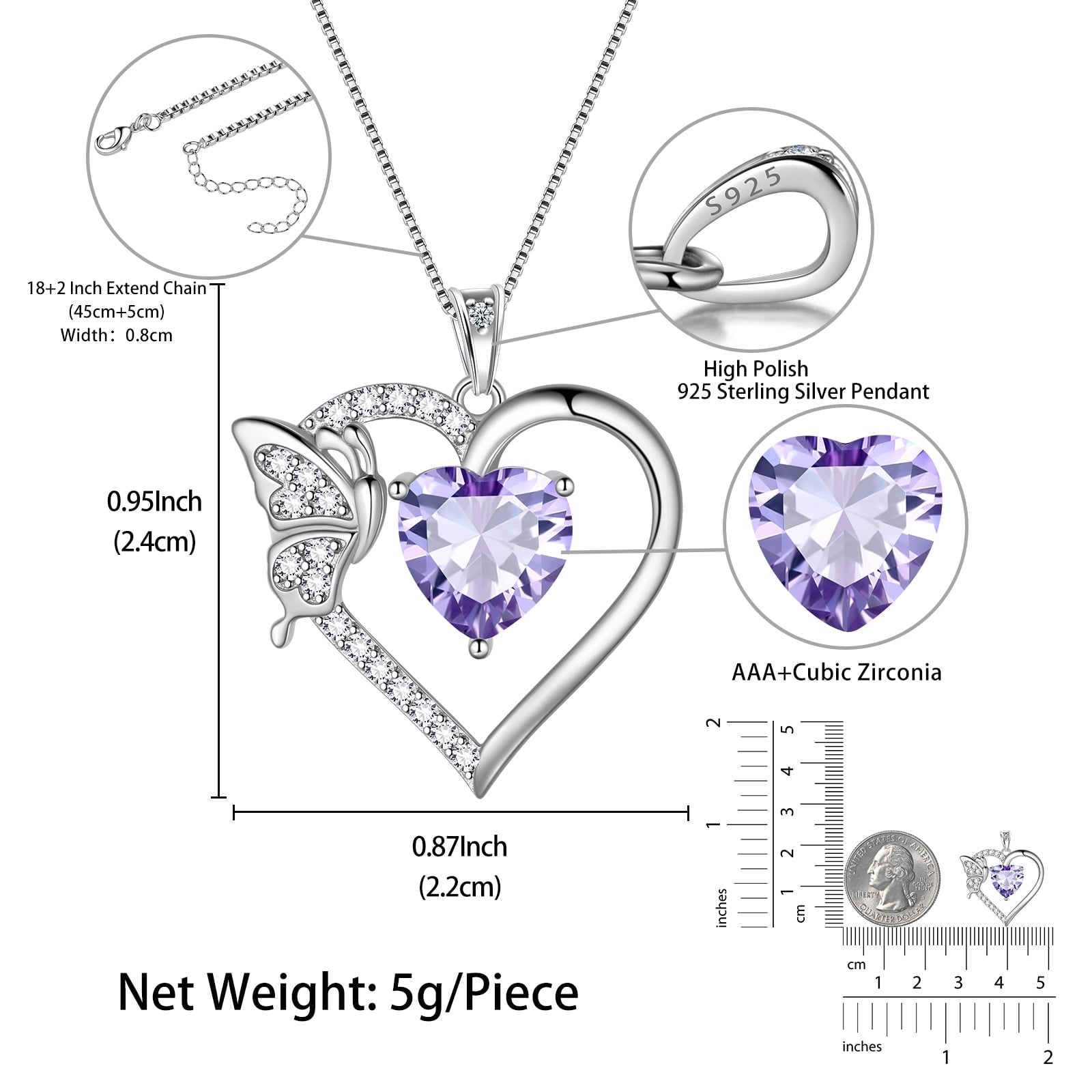 Women Purple Heart Necklace Butterfly June Birthstone Necklace Alexandrite CZ 925 Sterling Silver Pendant Jewelry Birthday Mother's Day Gifts - Aurora Tears