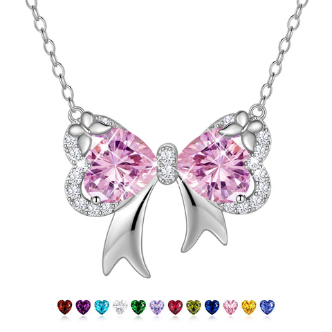 Juwaliy Silver Plated Buttefly Necklace for Women, October Birthstone Tourmaline Pink Bow Tie Pendant Jewelry Christmas Birthday Valentines Gift for Mother/Wife/Daughter