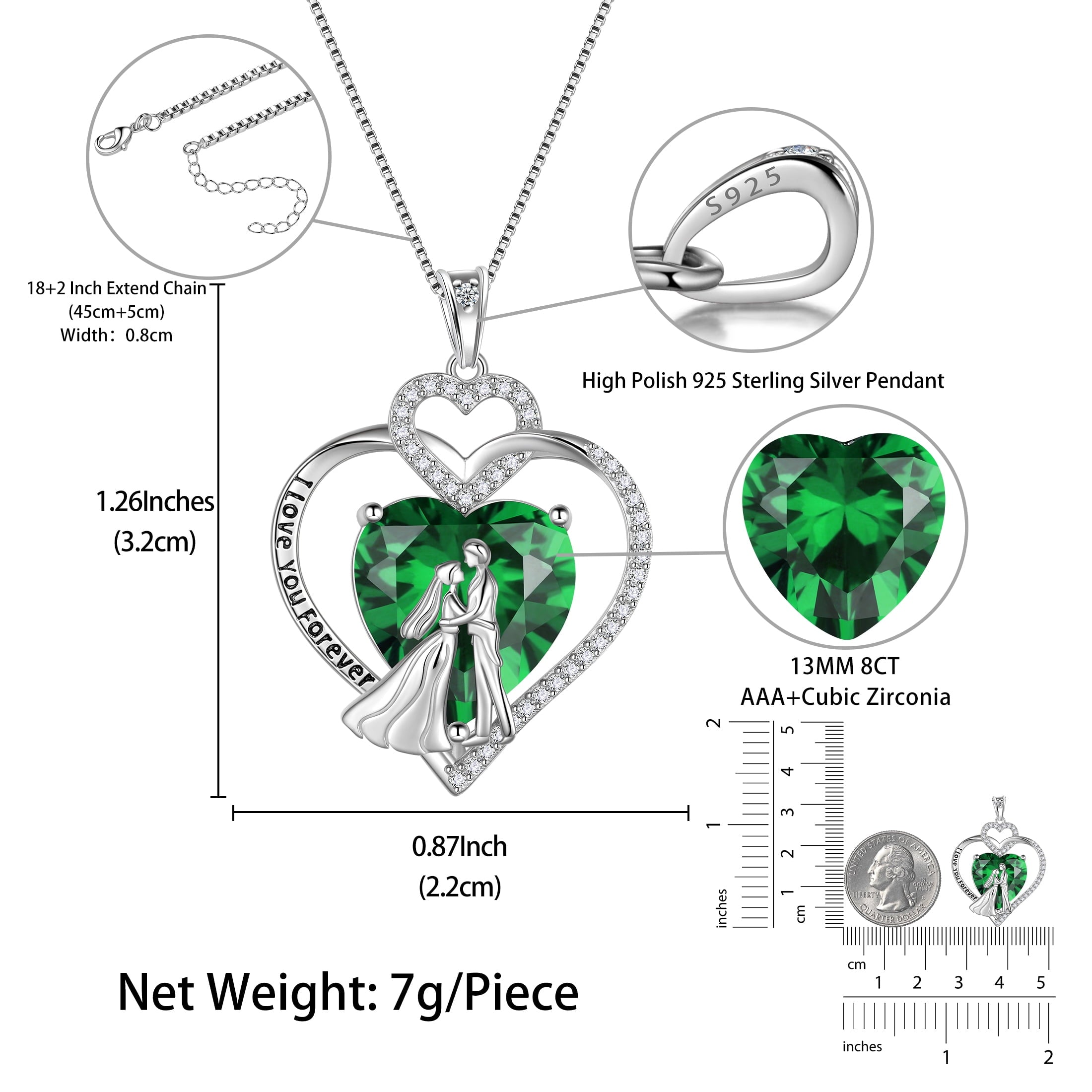 Couple Necklace for Women 925 Sterling Silver Heart May Birthstone Pendant Love You Wedding Bridal Engagement Jewelry Valentine's Day Gift for Her Wife Girlfriend - Aurora Tears