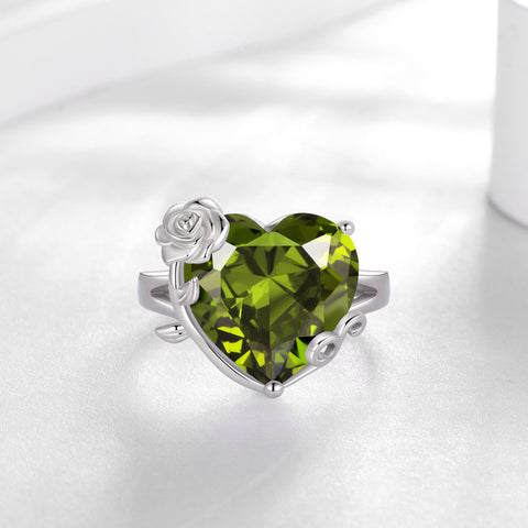 9Ct Women Heart Ring 925 Sterling Silver Rose Flower August Birthstone Peridot Solitaire Ring Jewelry Mom Christmas Birthday Gift - Aurora Tears