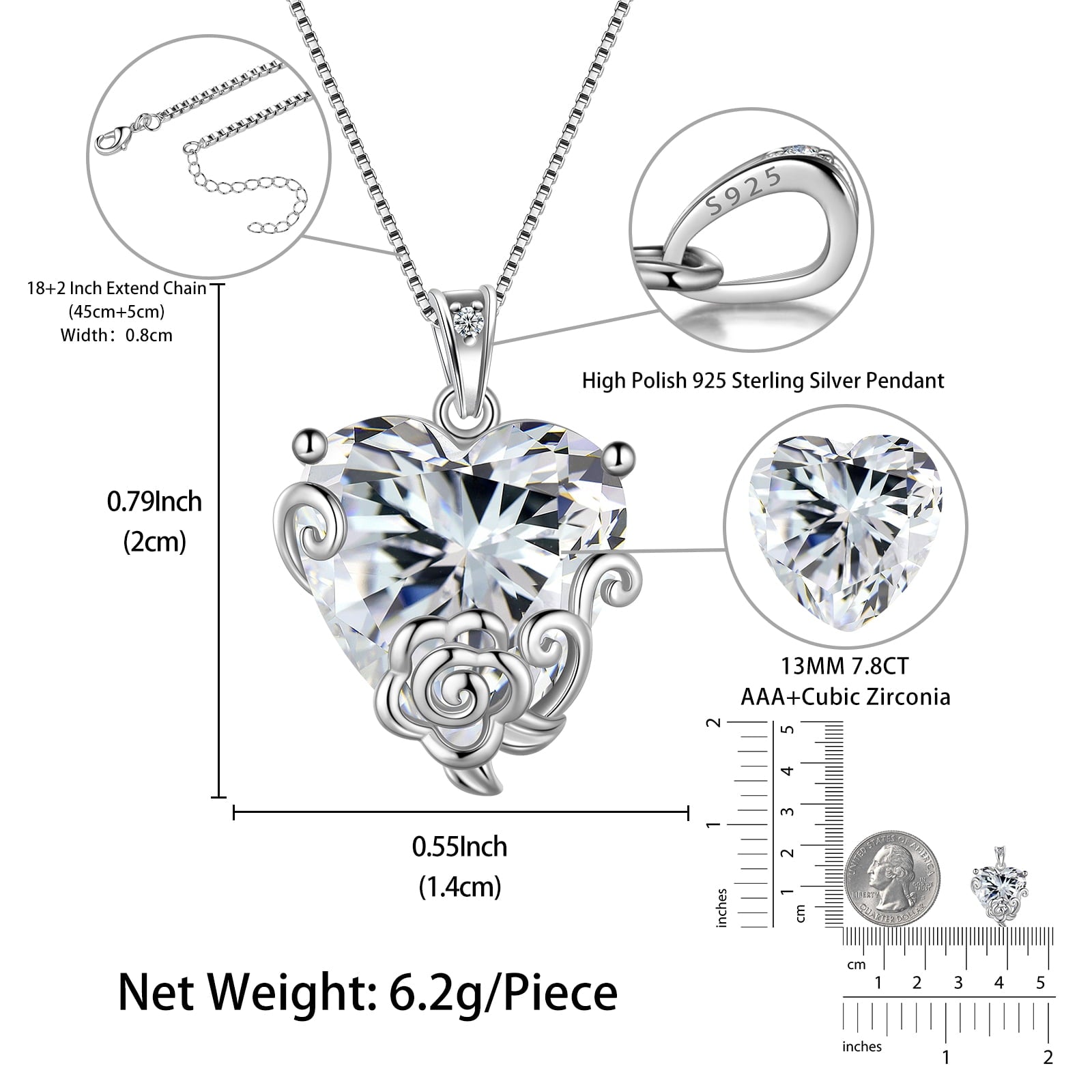 Women Heart Necklace April Birthstone Diamond Crystal Bridal Jewelry 925 Sterling Silver Rose Pendant Mom Birthday Valentine's Day Gift - Aurora Tears