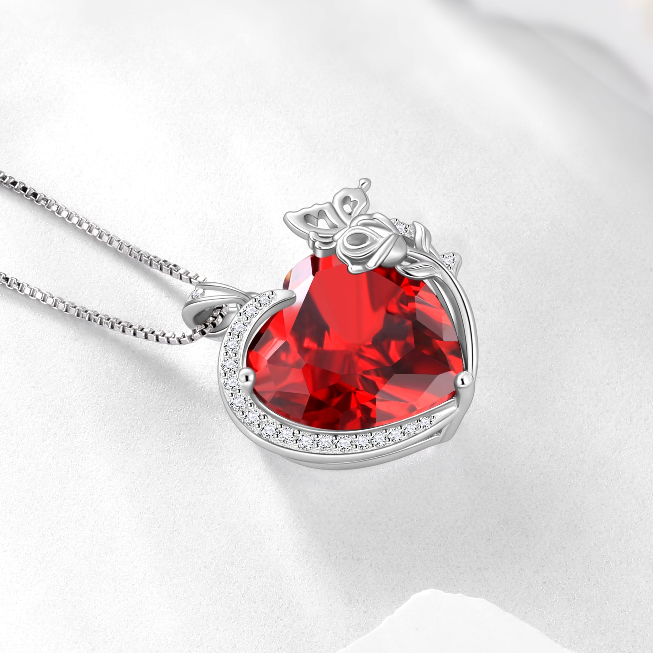 Women Heart Necklace Butterfly Rose Flower Pendant January Birthstone Garnet Red 925 Sterling Silver Jewelry Wife Mother Valentine's Day Gifts - Aurora Tears