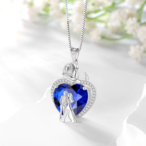 Couple Necklace for Women 925 Sterling Silver 15MM Heart September Birthstone Rose Flower Pendant Wedding Engagement Bridal Jewelry Valentines Gift for Her Wife - Aurora Tears
