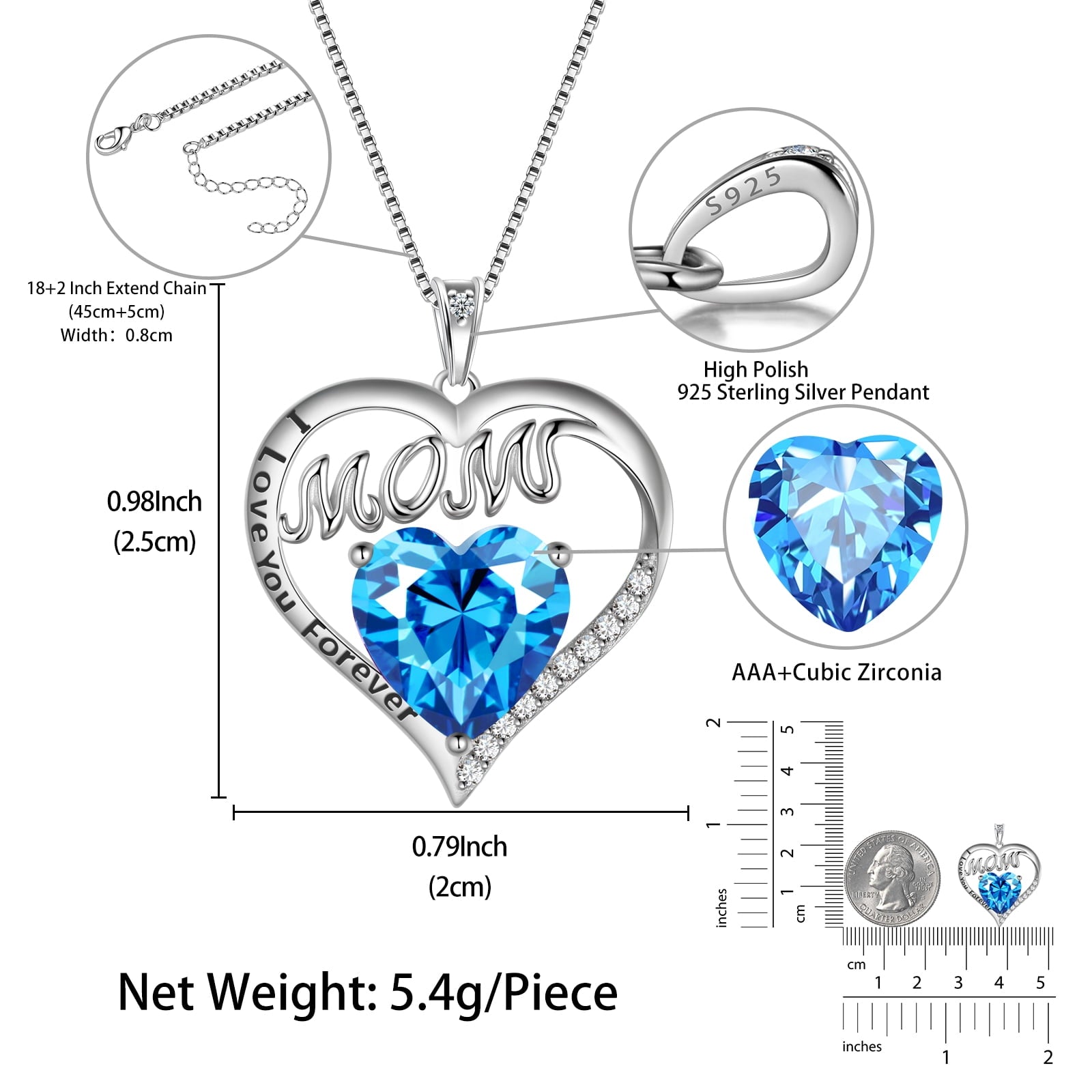 Women Mom Necklace Heart March Birthstone Necklace Aquamarine Blue 925 Sterling Silver Pendant Jewelry Christmas Birthday Mother's Day Gift - Aurora Tears