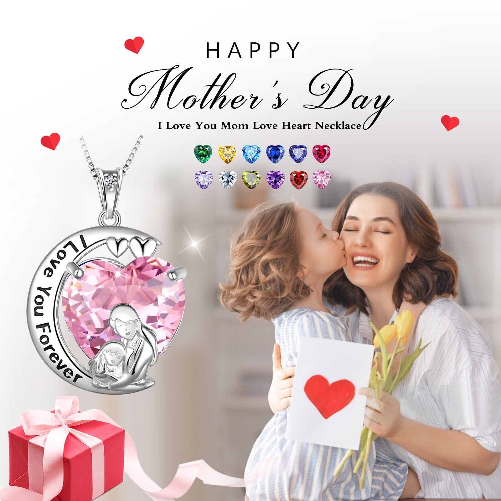 Moon Heart Mother Daughter Necklace 925 Sterling Silver Blue Aquamarine March Birthstone Pendant Jewelry Women Christmas Birthday Mother's Day Gift - Aurora Tears