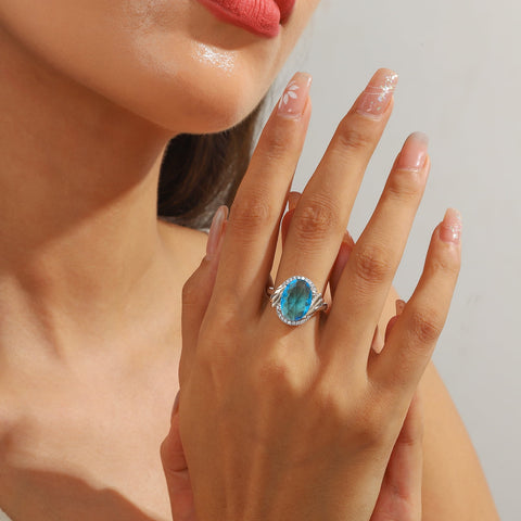 Women 8Ct Blue Aquamarine Ring 925 Sterling Silver Halo Oval March Birthstone Ring Jewelry Mom Birthday Christmas Mother's Day Gift - Aurora Tears
