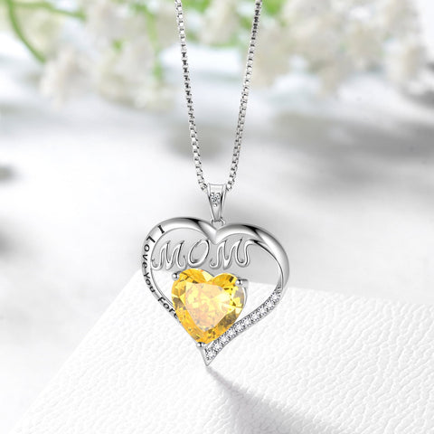 Women Mom Necklace Heart November Birthstone Necklace Citrine Yellow Sterling Silver Pendant Jewelry Thanksgiving Christmas Birthday Mother's Day Gifts - Aurora Tears