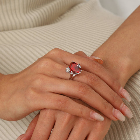 9Ct Women Heart Ring 925 Sterling Silver Rose Flower January Birthstone Red Garnet Solitaire Ring Jewelry Mother Birthday Valentine's Day Gift - Aurora Tears