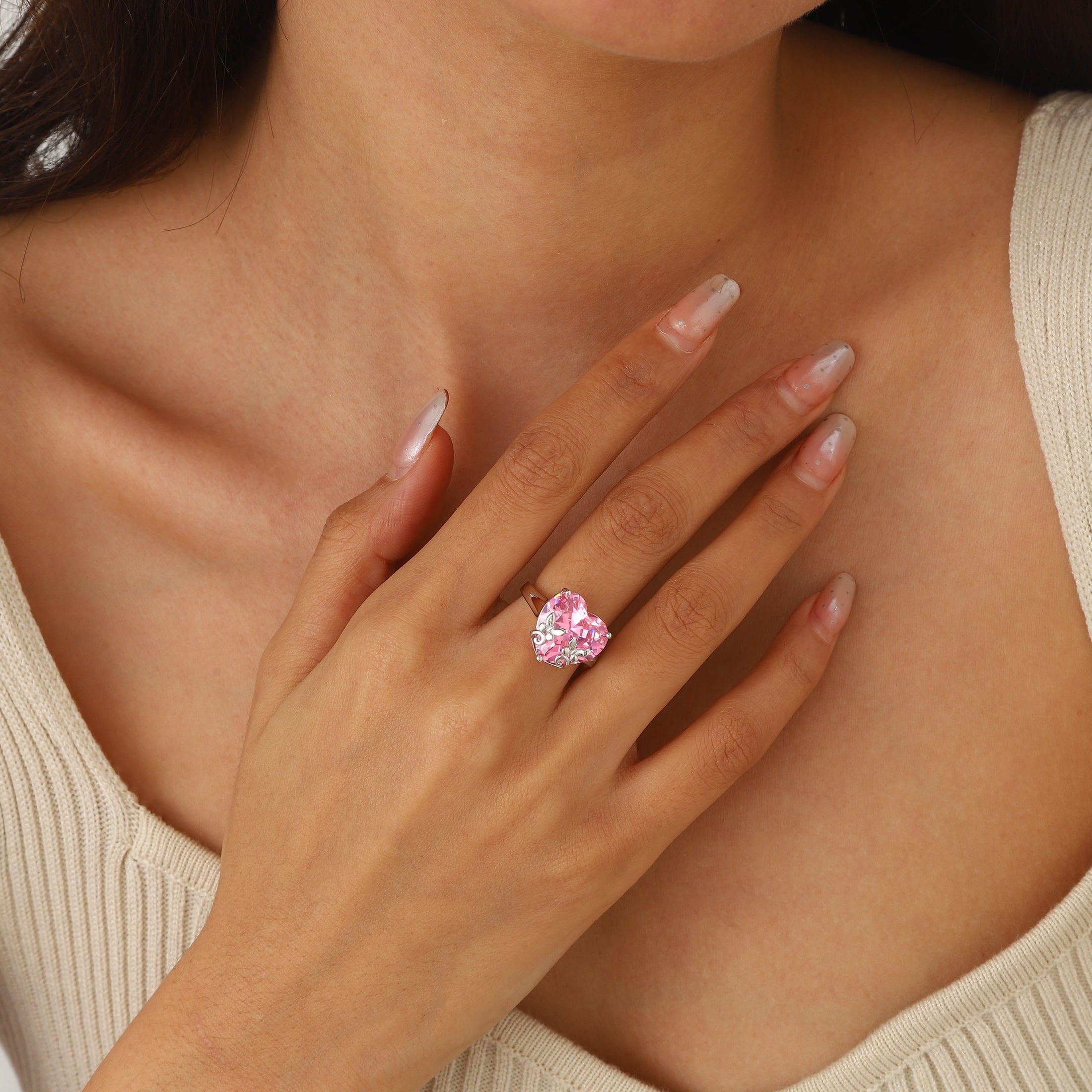 9Ct Women Heart Ring 925 Sterling Silver Butterfly October Birthstone Tourmaline Pink Solitaire Ring Jewelry Mother Birthday Valentine's Day Gifts - Aurora Tears