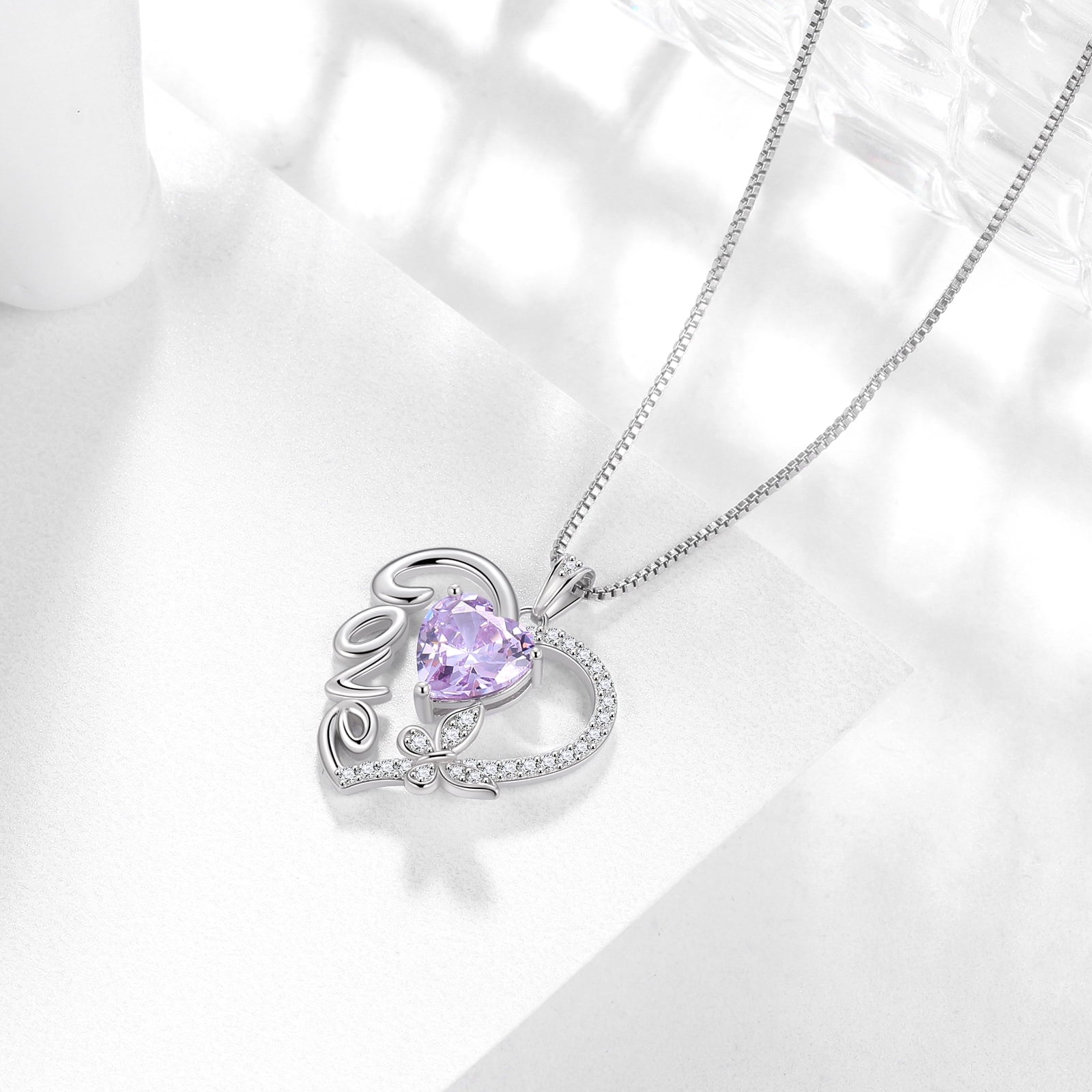 Women Purple Love Heart Necklace Butterfly June Birthstone Necklace Alexandrite 925 Sterling Silver Pendant Jewelry Birthday Valentine Mother's Day Gift - Aurora Tears