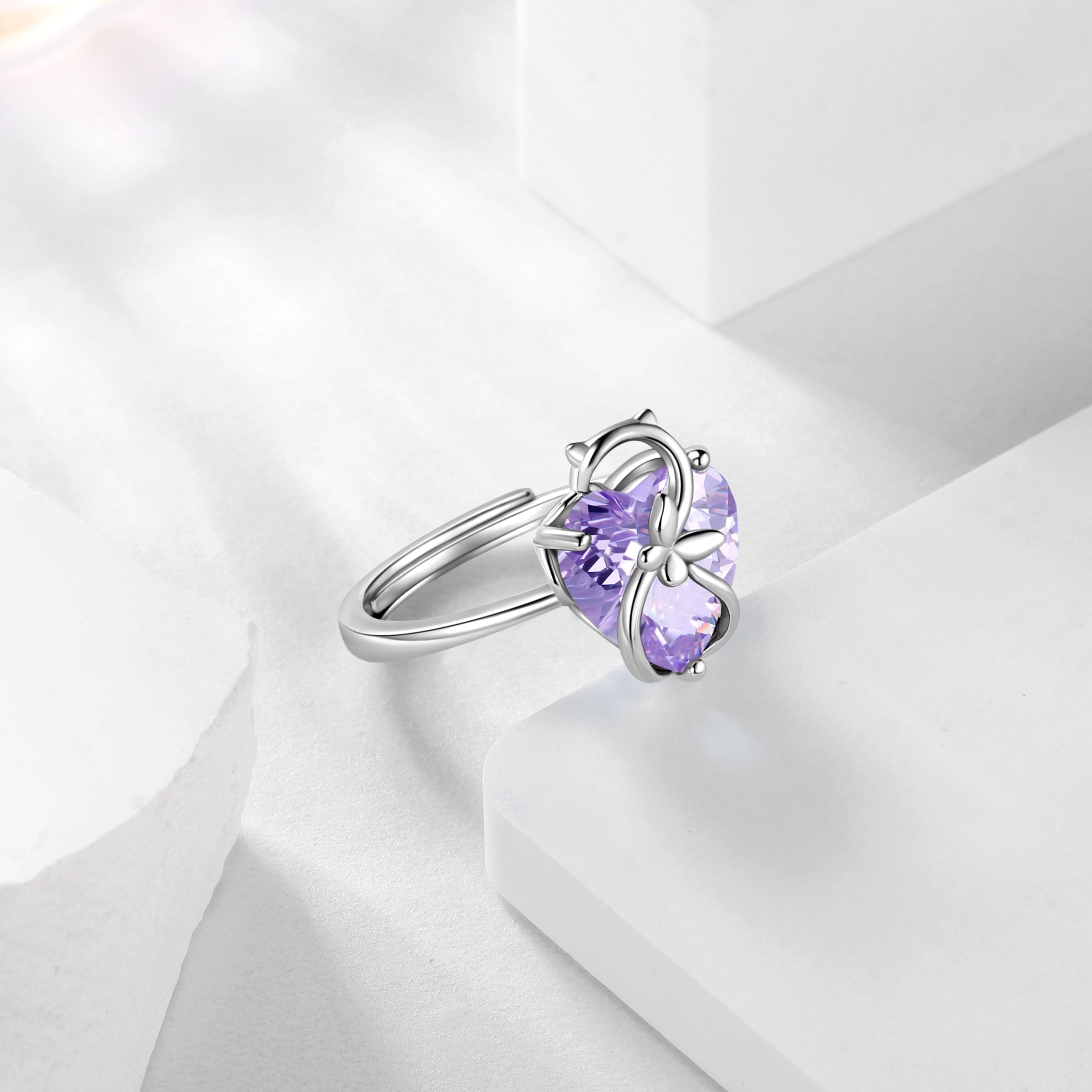 Women Heart Ring 925 Sterling Silver Cat Butterfly June Birthstone Alexandrite Solitaire Ring Jewelry Birthday Gift for Mother Cat Lover - Aurora Tears