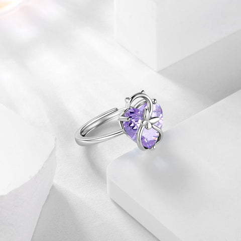 Women Heart Ring 925 Sterling Silver Cat Butterfly June Birthstone Alexandrite Solitaire Ring Jewelry Birthday Gift for Mother Cat Lover - Aurora Tears