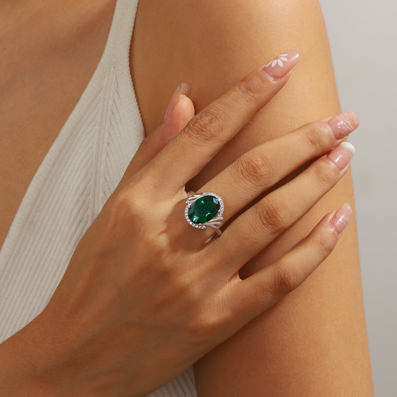 8Ct Women Emerald Ring 925 Sterling Silver Oval Halo Green May Birthstone Ring Band Jewelry Birthday Christmas Mom Grandma Mother's Day Gifts - Aurora Tears