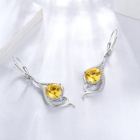 Women Dangle Earrings Citrine November Birthstone Sterling Silver Leverback Earrings Yellow CZ Tail Jewelry Christmas Valentine Birthday Mother's Day Gift for Her - Aurora Tears