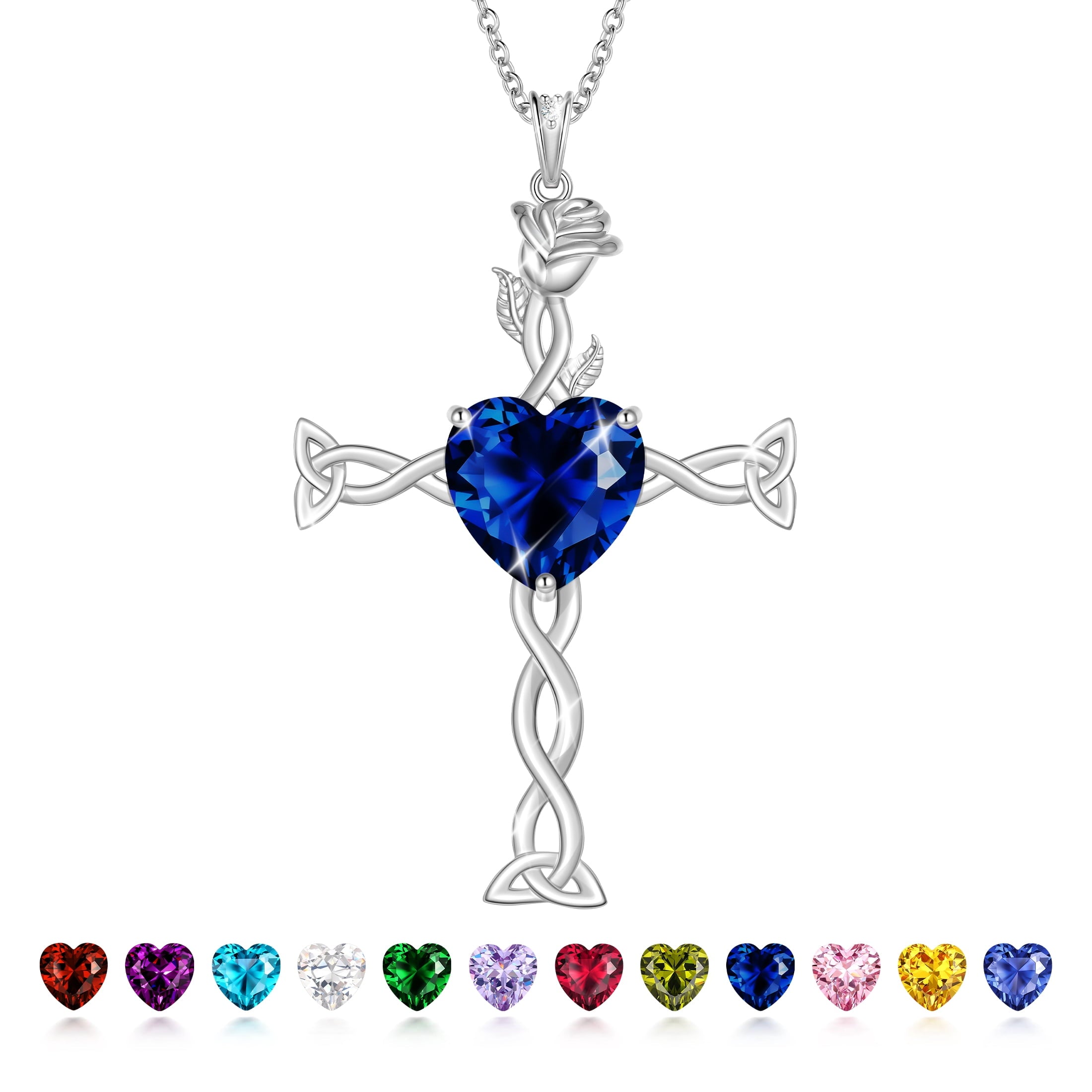 Juwaliy 925 Sterling Silver Plated Celtic Cross Necklace for Women,Birthstone Rose Flower Pendant Irish Jewelry Christmas Valentines Birthday Gift