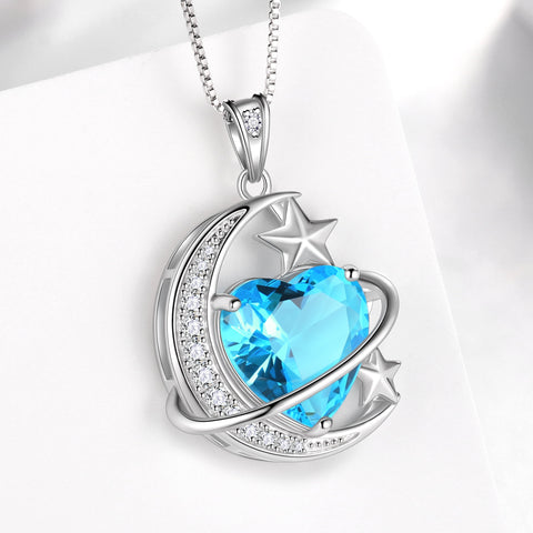 13MM Women Moon Star Necklace Heart March Birthstone 925 Sterling Silver Pendant Blue Aquamarine Planet Celestial Jewelry Birthday Christmas Valentines Gift for Wife/Mother - Aurora Tears