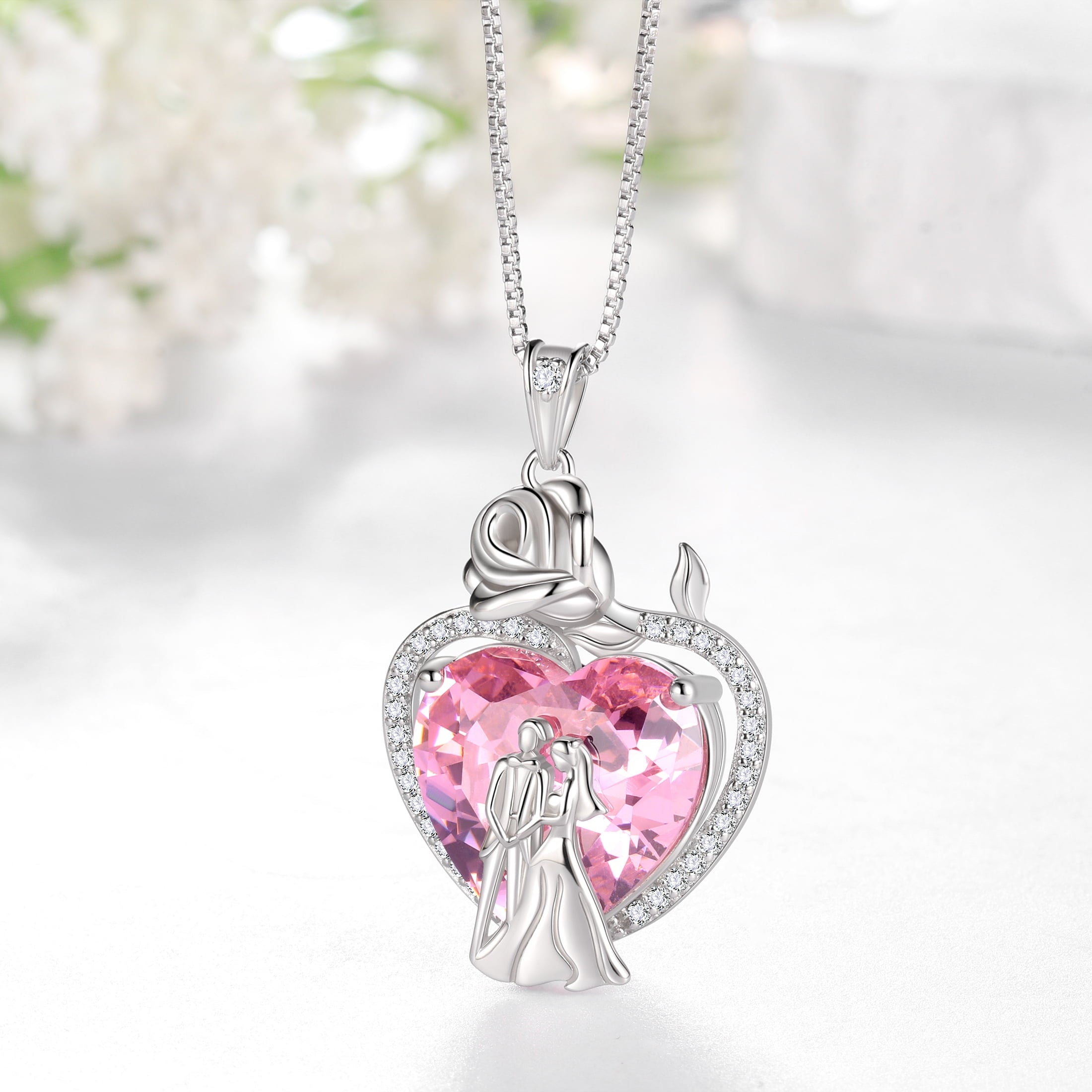 Couple Necklace for Women 925 Sterling Silver 15MM Heart October Birthstone Rose Flower Pendant Wedding Engagement Jewelry Valentine's Day Gift for Her Wife Bride - Aurora Tears