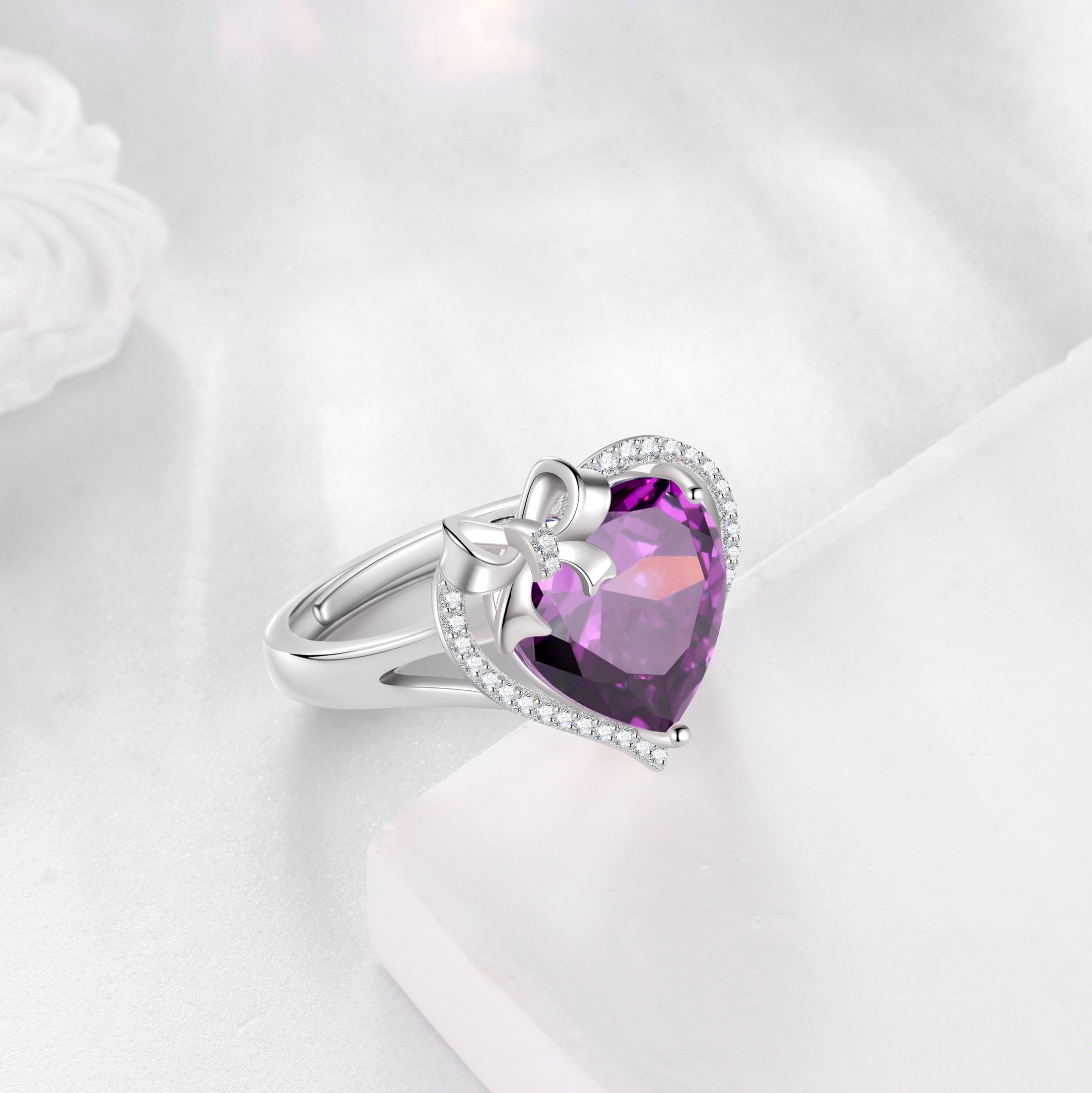 6Ct Heart Women Ring Bow Kont Ribbon 925 Sterling Silver February Birthstone Amethyst Ring Purple Solitaire Jewelry Mother Valentine's Day Gift for Wife - Aurora Tears