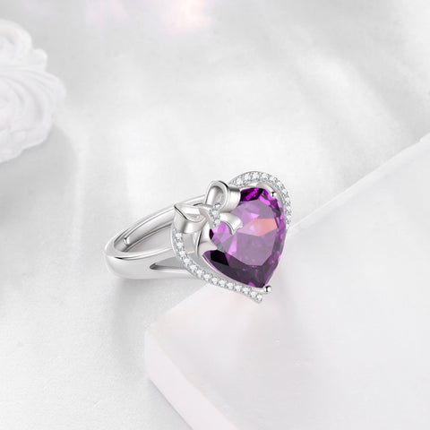 6Ct Heart Women Ring Bow Kont Ribbon 925 Sterling Silver February Birthstone Amethyst Ring Purple Solitaire Jewelry Mother Valentine's Day Gift for Wife - Aurora Tears