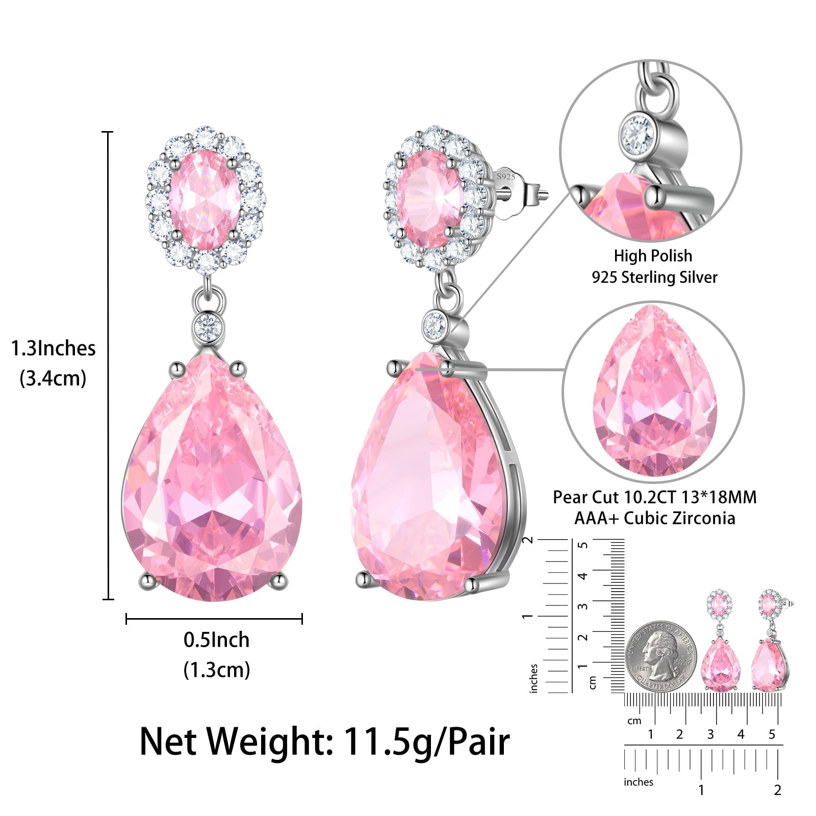 10Ct Pink Women Dangle Earrings Teardrop October Birthstone Tourmaline Earring Jewelry 925 Sterling Silver Mom Birthday Christmas Valentine's Day Gift - Aurora Tears