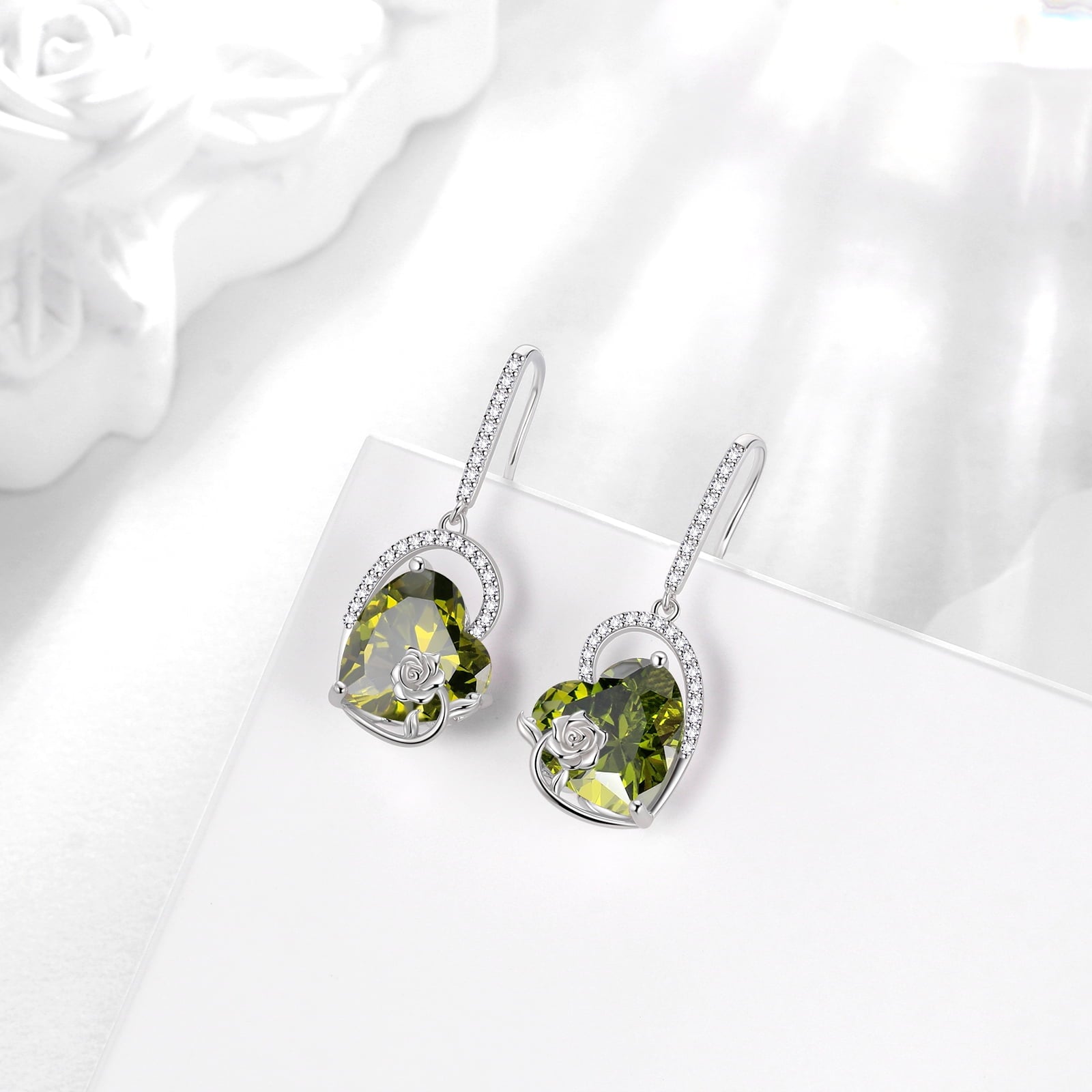 925 Sterling Silver Earrings Women Heart August Birthstone Hook Dangle Earring Peridot Green Rose Flower Jewelry Mother Birthday Gift - Aurora Tears