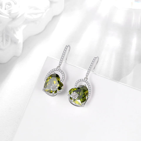 925 Sterling Silver Earrings Women Heart August Birthstone Hook Dangle Earring Peridot Green Rose Flower Jewelry Mother Birthday Gift - Aurora Tears
