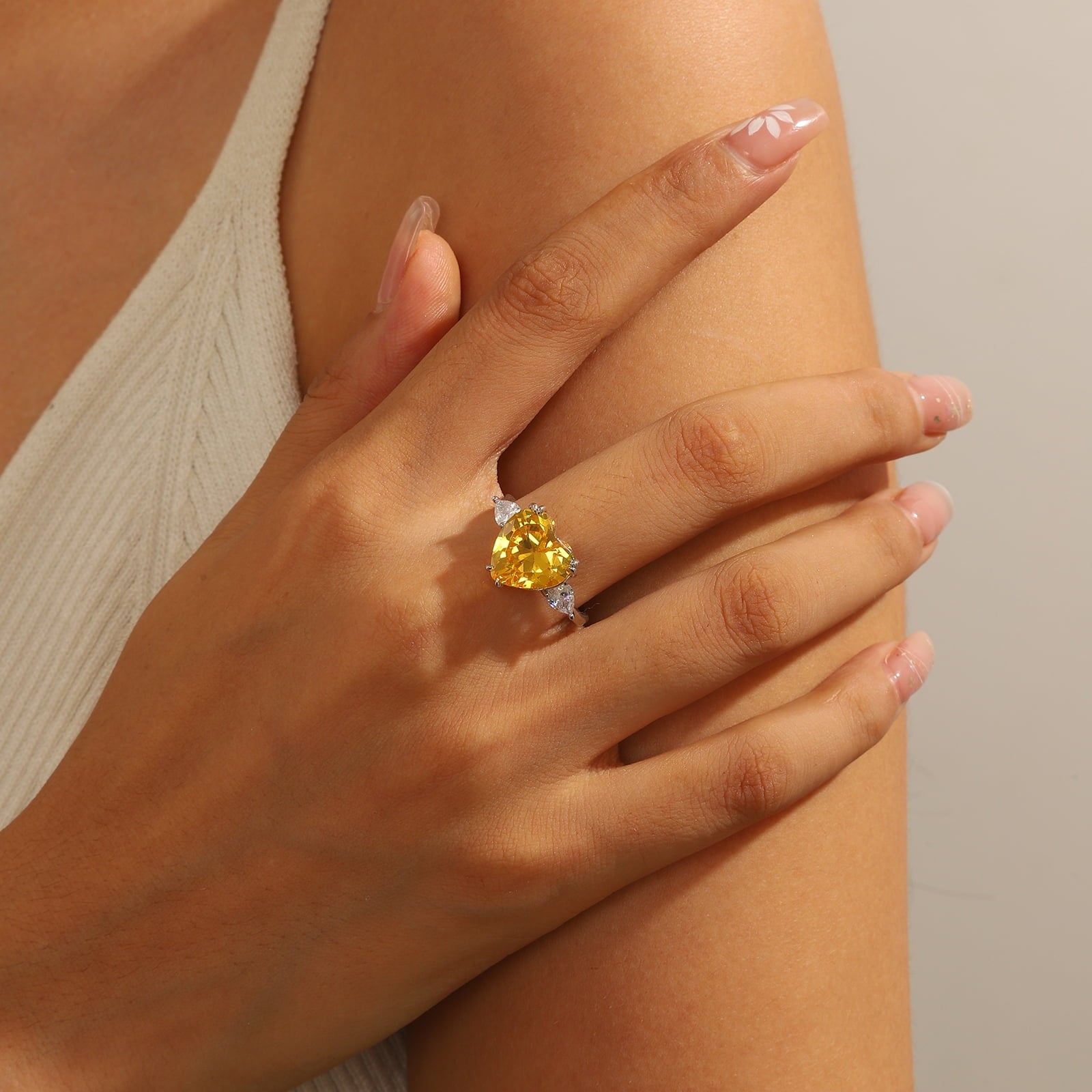 6Ct Women Heart Ring 925 Sterling Silver November Birthstone Ring Band Citrine Yellow Jewelry Mother Christmas Birthday Valentine Gift for Her - Aurora Tears