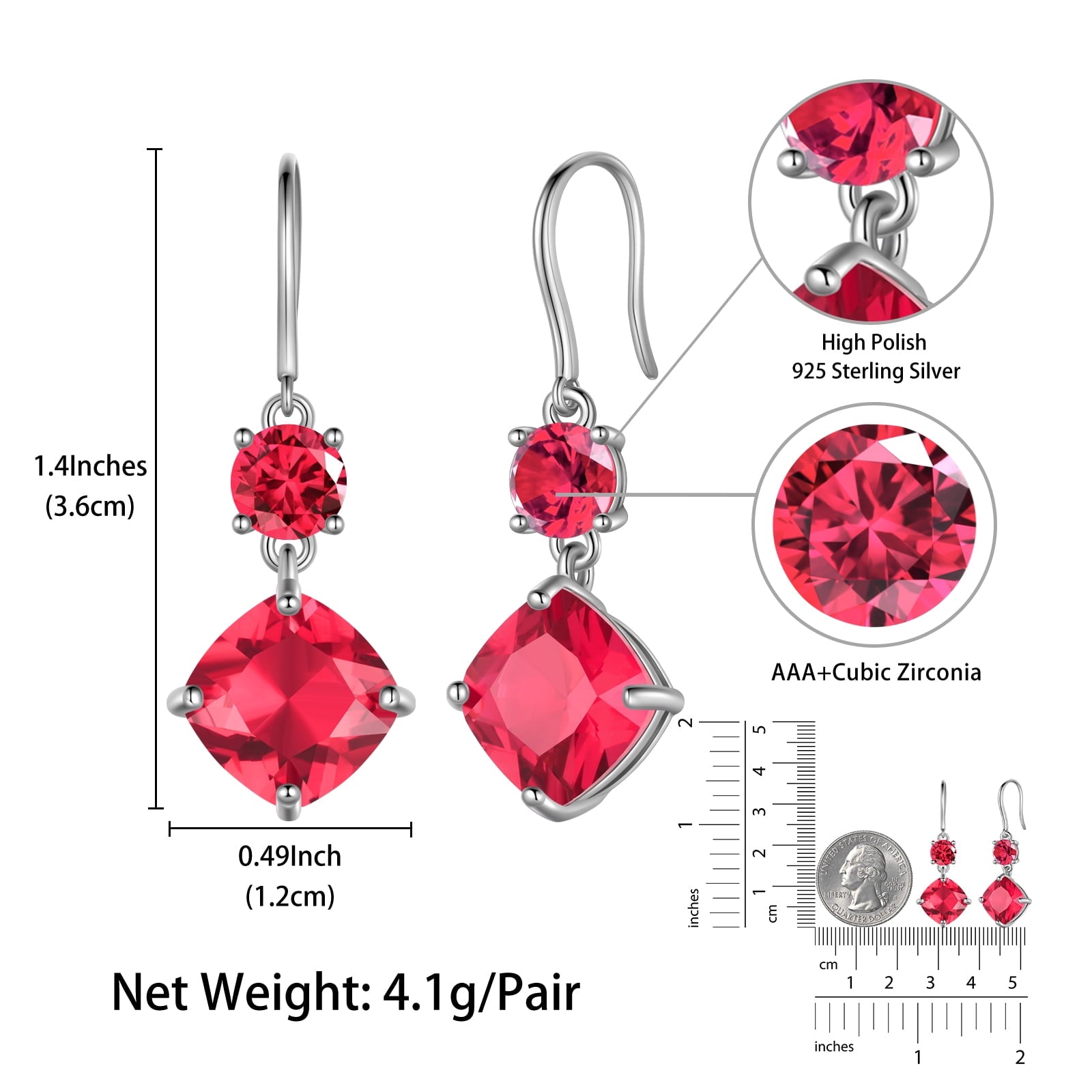 July Birthstone Earrings 925 Sterling Silver Women Long Dangling Earrings Ruby Cushion Red Crystal Jewelry Mother Birthday Gift - Aurora Tears